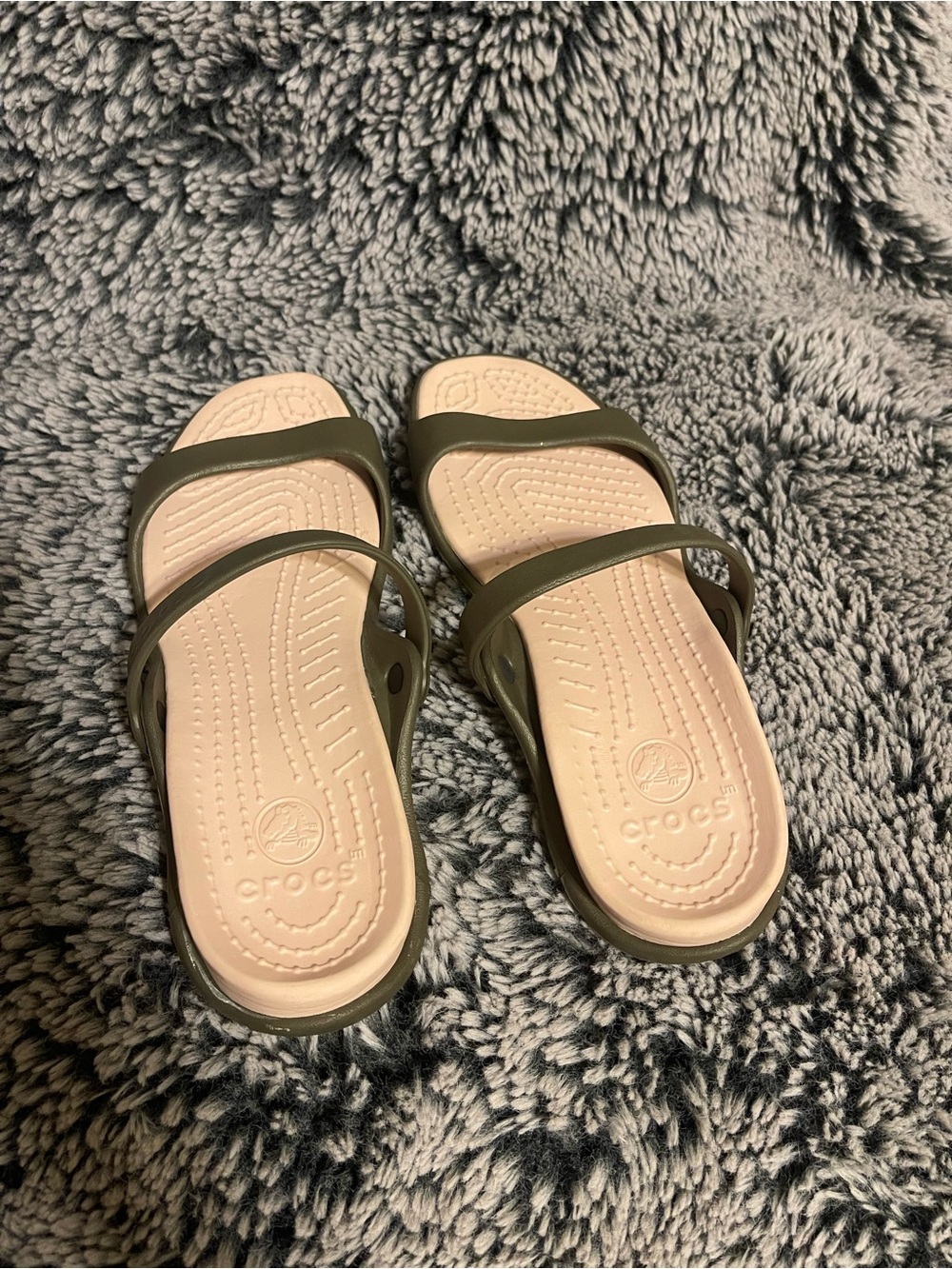 CROCS Women’s Double-Strap Slide Sandals in Pink and Olive Green